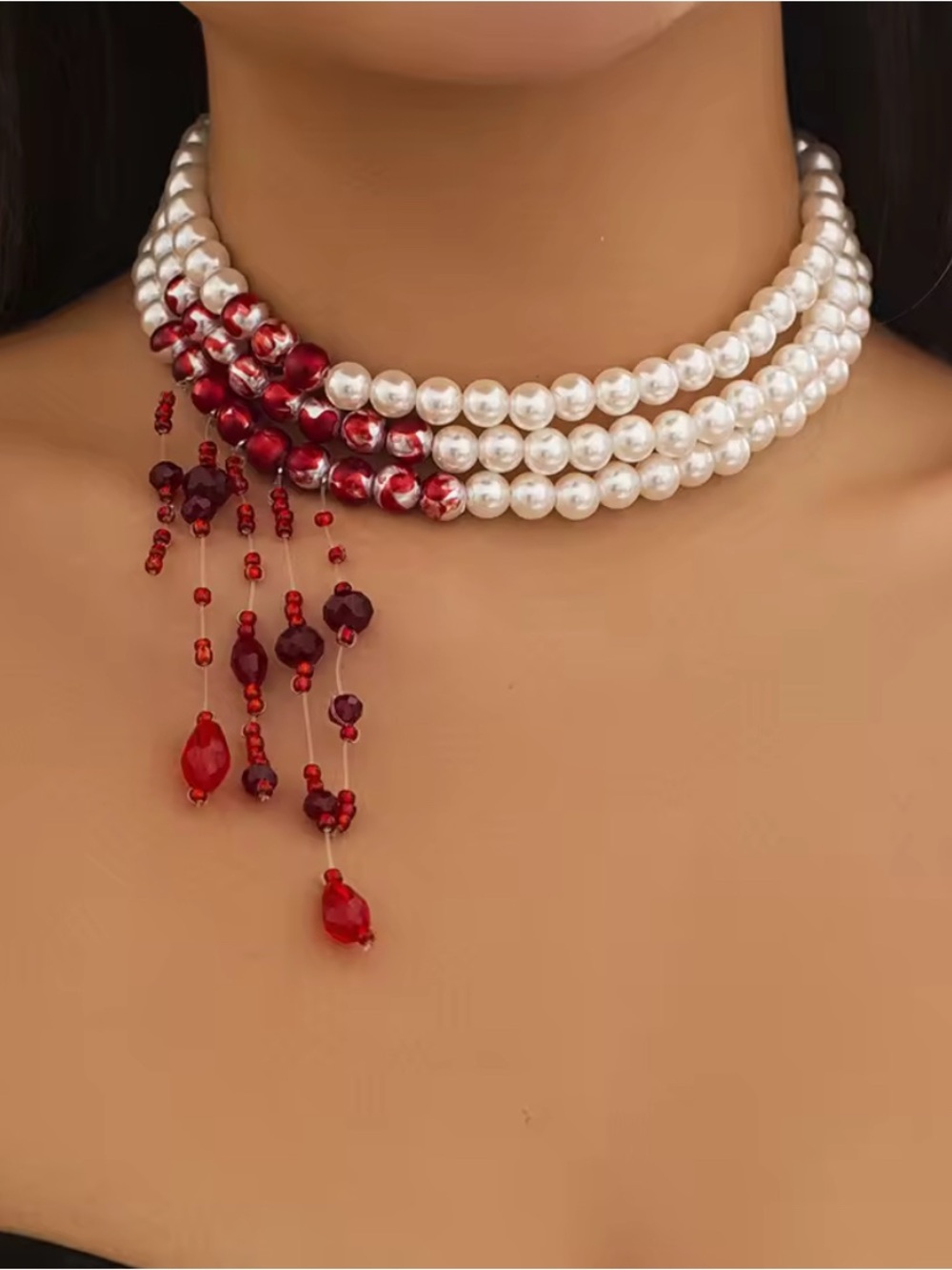 Pearl Choker Necklace with Blood Red Bead Tassels